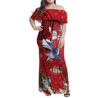 Funny Santa Riding Shark Family Matching Off Shoulder Maxi Dress and Hawaiian Shirt Polynesian Tribal Christmas Spirit LT9 Mom's Dress Red - Polynesian Pride