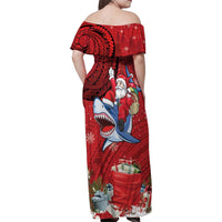 Funny Santa Riding Shark Family Matching Off Shoulder Maxi Dress and Hawaiian Shirt Polynesian Tribal Christmas Spirit - Polynesian Pride