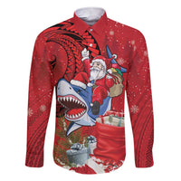 Funny Santa Riding Shark Family Matching Short Sleeve Bodycon Dress and Hawaiian Shirt Polynesian Tribal Christmas Spirit LT9 Dad's Shirt - Long Sleeve Red - Polynesian Pride