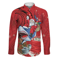 Funny Santa Riding Shark Family Matching Summer Maxi Dress and Hawaiian Shirt Polynesian Tribal Christmas Spirit LT9 Dad's Shirt - Long Sleeve Red - Polynesian Pride