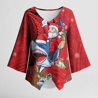 Funny Santa Riding Shark Kimono Sleeve Blouse Polynesian Tribal Christmas Spirit - Polynesian Pride
