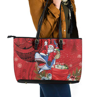 Funny Santa Riding Shark Leather Tote Bag Polynesian Tribal Christmas Spirit - Polynesian Pride