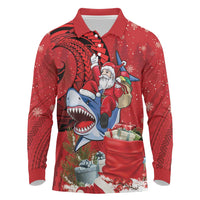 Funny Santa Riding Shark Long Sleeve Polo Shirt Polynesian Tribal Christmas Spirit - Polynesian Pride
