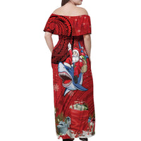 Funny Santa Riding Shark Off Shoulder Maxi Dress Polynesian Tribal Christmas Spirit - Polynesian Pride