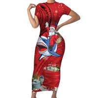 Funny Santa Riding Shark Short Sleeve Bodycon Dress Polynesian Tribal Christmas Spirit - Polynesian Pride