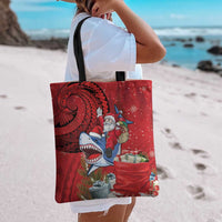 Funny Santa Riding Shark Tote Bag Polynesian Tribal Christmas Spirit - Polynesian Pride
