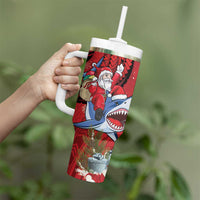 Funny Santa Riding Shark Tumbler With Handle Polynesian Tribal Christmas Spirit - Polynesian Pride