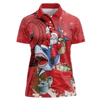 Funny Santa Riding Shark Women Polo Shirt Polynesian Tribal Christmas Spirit LT9 Female Red - Polynesian Pride