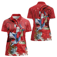 Funny Santa Riding Shark Women Polo Shirt Polynesian Tribal Christmas Spirit LT9 - Polynesian Pride