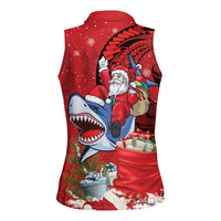 Funny Santa Riding Shark Women Sleeveless Polo Shirt Polynesian Tribal Christmas Spirit - Polynesian Pride