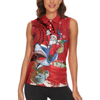 Funny Santa Riding Shark Women Sleeveless Polo Shirt Polynesian Tribal Christmas Spirit - Polynesian Pride