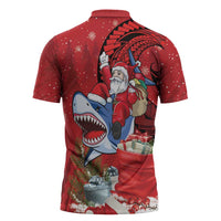 Funny Santa Riding Shark Zipper Polo Shirt Polynesian Tribal Christmas Spirit - Polynesian Pride