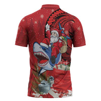 Funny Santa Riding Shark Zipper Polo Shirt Polynesian Tribal Christmas Spirit - Polynesian Pride