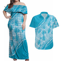 Hawaii Breadfruit Palaka Couples Matching Off Shoulder Maxi Dress and Hawaiian Shirt Polu Maile Lei - Polynesian Pride