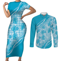 Hawaii Breadfruit Palaka Couples Matching Short Sleeve Bodycon Dress and Long Sleeve Button Shirt Polu Maile Lei - Polynesian Pride
