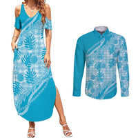 Hawaii Breadfruit Palaka Couples Matching Summer Maxi Dress and Long Sleeve Button Shirt Polu Maile Lei - Polynesian Pride