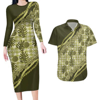 Hawaii Breadfruit Palaka Couples Matching Long Sleeve Bodycon Dress and Hawaiian Shirt Omaomao Maile Lei - Polynesian Pride