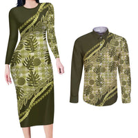 Hawaii Breadfruit Palaka Couples Matching Long Sleeve Bodycon Dress and Long Sleeve Button Shirt Omaomao Maile Lei - Polynesian Pride