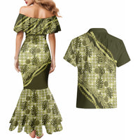 Hawaii Breadfruit Palaka Couples Matching Mermaid Dress and Hawaiian Shirt Omaomao Maile Lei - Polynesian Pride