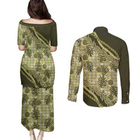 Hawaii Breadfruit Palaka Couples Matching Puletasi and Long Sleeve Button Shirt Omaomao Maile Lei - Polynesian Pride