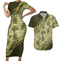 Hawaii Breadfruit Palaka Couples Matching Short Sleeve Bodycon Dress and Hawaiian Shirt Omaomao Maile Lei - Polynesian Pride