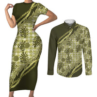 Hawaii Breadfruit Palaka Couples Matching Short Sleeve Bodycon Dress and Long Sleeve Button Shirt Omaomao Maile Lei - Polynesian Pride