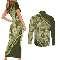 Hawaii Breadfruit Palaka Couples Matching Short Sleeve Bodycon Dress and Long Sleeve Button Shirt Omaomao Maile Lei - Polynesian Pride