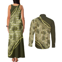 Hawaii Breadfruit Palaka Couples Matching Tank Maxi Dress and Long Sleeve Button Shirt Omaomao Maile Lei - Polynesian Pride