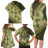 Hawaii Breadfruit Palaka Family Matching Long Sleeve Bodycon Dress and Hawaiian Shirt Omaomao Maile Lei - Polynesian Pride