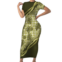 Hawaii Breadfruit Palaka Family Matching Short Sleeve Bodycon Dress and Hawaiian Shirt Omaomao Maile Lei LT9 Mom's Dress Green - Polynesian Pride