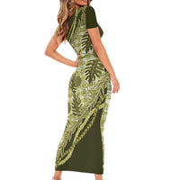 Hawaii Breadfruit Palaka Short Sleeve Bodycon Dress Omaomao Maile Lei - Polynesian Pride