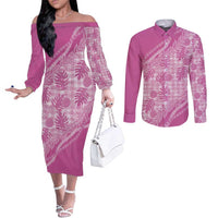 Hawaii Breadfruit Palaka Couples Matching Off The Shoulder Long Sleeve Dress and Long Sleeve Button Shirt Omaomao Ulaula Maile Lei - Polynesian Pride