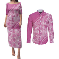 Hawaii Breadfruit Palaka Couples Matching Puletasi and Long Sleeve Button Shirt Omaomao Ulaula Maile Lei - Polynesian Pride