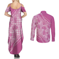 Hawaii Breadfruit Palaka Couples Matching Summer Maxi Dress and Long Sleeve Button Shirt Omaomao Ulaula Maile Lei - Polynesian Pride
