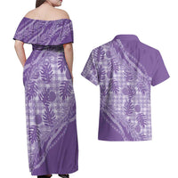 Hawaii Breadfruit Palaka Couples Matching Off Shoulder Maxi Dress and Hawaiian Shirt Poni Maile Lei - Polynesian Pride