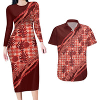 Hawaii Breadfruit Palaka Couples Matching Long Sleeve Bodycon Dress and Hawaiian Shirt Ulaula Maile Lei - Polynesian Pride