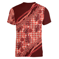 Hawaii Breadfruit Palaka Women V-Neck T-Shirt Ulaula Maile Lei - Polynesian Pride