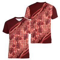 Hawaii Breadfruit Palaka Women V-Neck T-Shirt Ulaula Maile Lei - Polynesian Pride