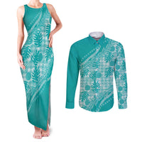 Hawaii Breadfruit Palaka Couples Matching Tank Maxi Dress and Long Sleeve Button Shirt Polu Opal Maile Lei - Polynesian Pride