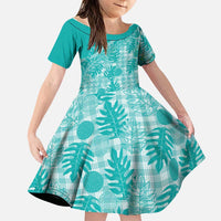 Hawaii Breadfruit Palaka Family Matching Mermaid Dress and Hawaiian Shirt Polu Opal Maile Lei LT9 Daughter's Dress Turquoise - Polynesian Pride