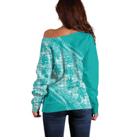 Hawaii Breadfruit Palaka Off Shoulder Sweater Polu Opal Maile Lei - Polynesian Pride