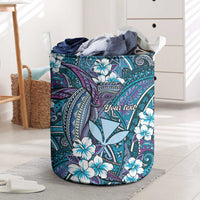 Personalised Hawaii Tribal Humpback Whale Laundry Basket Polu Hibiscus Seamless Pattern