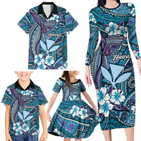 Personalised Hawaii Tribal Humpback Whale Family Matching Long Sleeve Bodycon Dress and Hawaiian Shirt Polu Hibiscus Seamless Pattern LT9 - Polynesian Pride