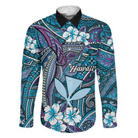 Personalised Hawaii Tribal Humpback Whale Family Matching Tank Maxi Dress and Hawaiian Shirt Polu Hibiscus Seamless Pattern LT9 Dad's Shirt - Long Sleeve Blue - Polynesian Pride