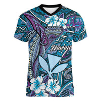 Personalised Hawaii Tribal Humpback Whale Women V-Neck T-Shirt Polu Hibiscus Seamless Pattern