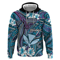 Personalised Hawaii Tribal Humpback Whale Zip Hoodie Polu Hibiscus Seamless Pattern