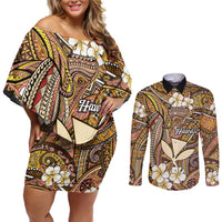 Personalised Hawaii Tribal Humpback Whale Couples Matching Off Shoulder Short Dress and Long Sleeve Button Shirt Melemele Hibiscus Seamless Pattern