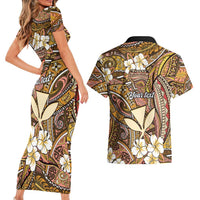 Personalised Hawaii Tribal Humpback Whale Couples Matching Short Sleeve Bodycon Dress and Hawaiian Shirt Melemele Hibiscus Seamless Pattern