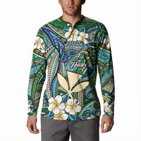 Personalised Hawaii Tribal Humpback Whale Button Sweatshirt Omaomao Hibiscus Seamless Pattern