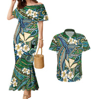 Personalised Hawaii Tribal Humpback Whale Couples Matching Mermaid Dress and Hawaiian Shirt Omaomao Hibiscus Seamless Pattern